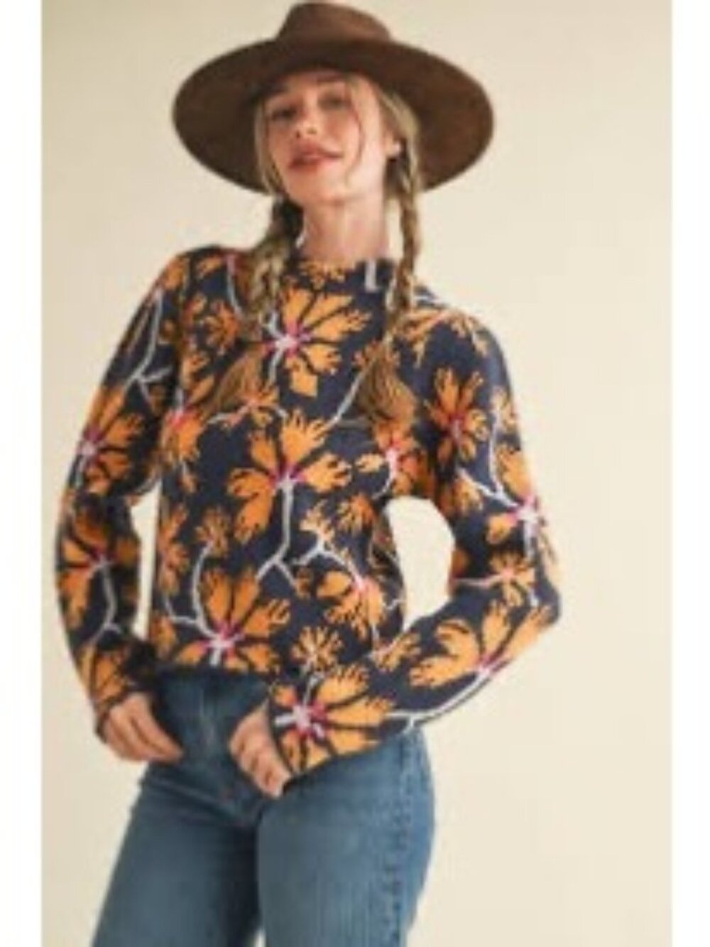 Navy Floral Knit Pullover Sweater With Long Sleeves Sm